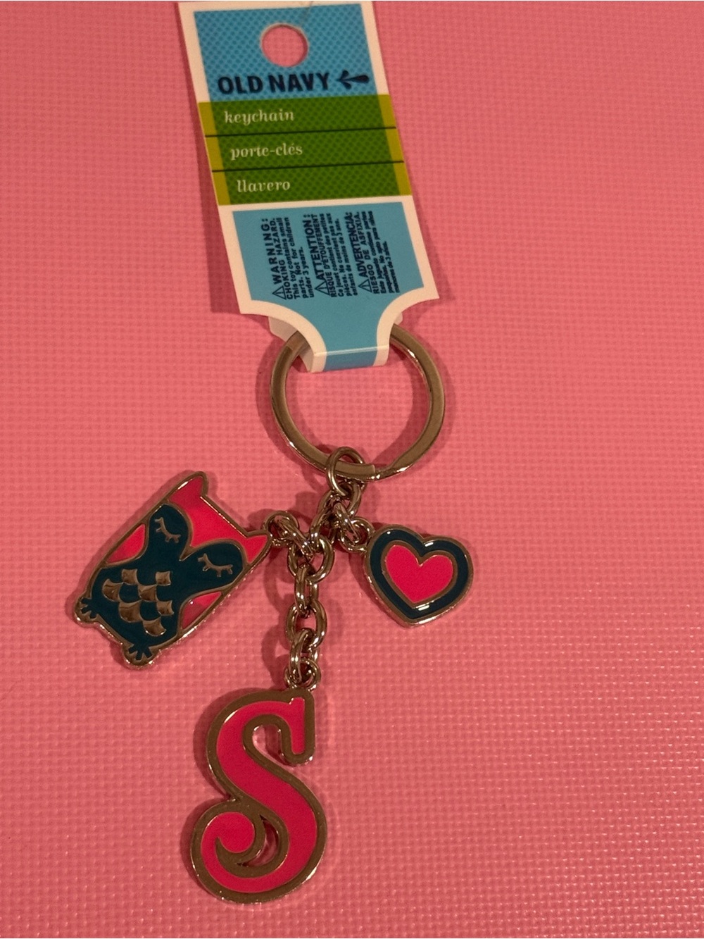 Vintage Old Navy Pink & Teal Owl, Heart and 'S' Initial enamel Keychain